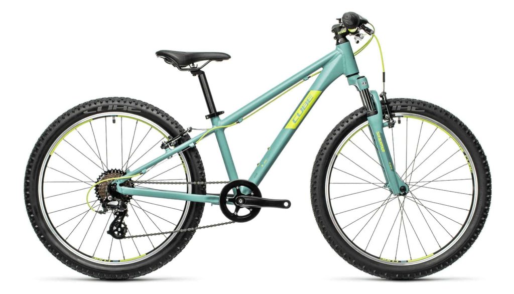Speelse mountainbike voor kinderen in fris blauw-groen met brede, geprofileerde banden.